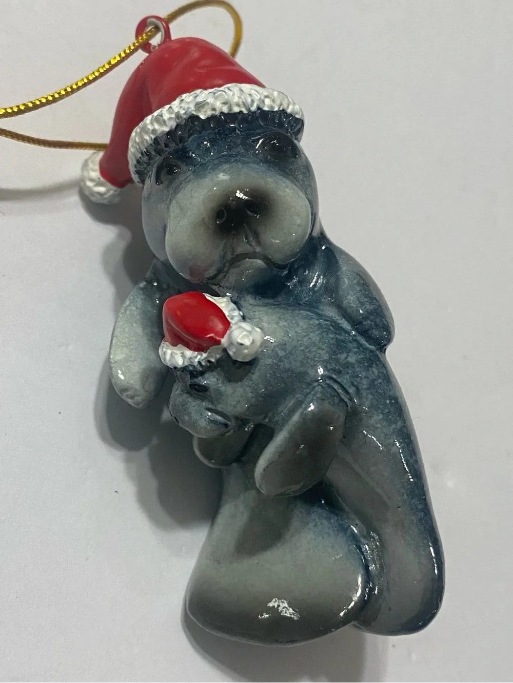 VTG Manatee Mom & Baby Christmas Ornament Santa Hats Coastal Beach Holiday Decor